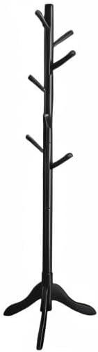 VASAGLE Solid Wood Coat Rack, Free Standing Tree-Shaped Coat Rack with 8 Hooks, 3 Height Options, for Clothes, Hats, Bags, Living Room, Bedroom, Home Office, Ink Black URCR001B01