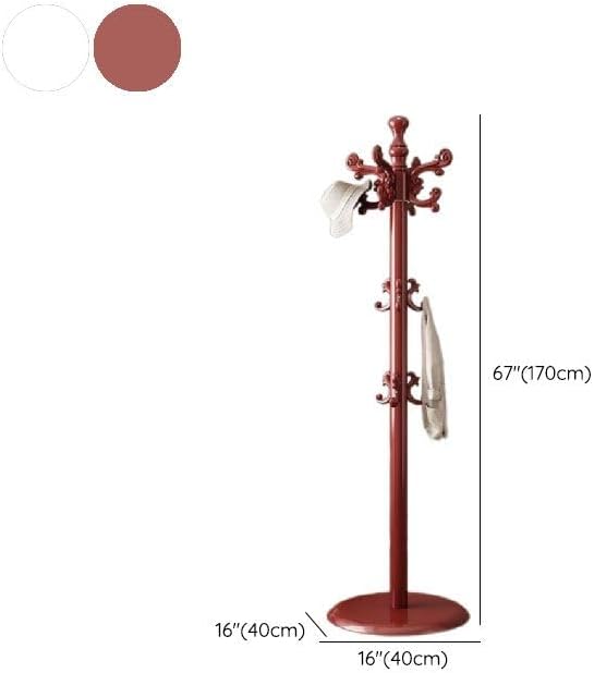 CraftThink Pine Coat Rack, Free Standing Tree Hanger Coat Tree for Clothes, Hats, Bags, Purses, with Double Prong Hooks, for Entryway, Hallway, Bedroom (Round Base 16" L x 16" W x 67" H, Red