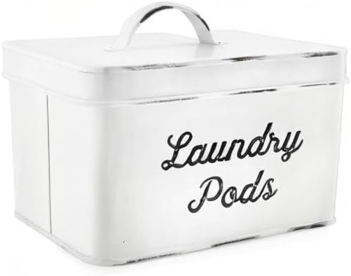 AuldHome Design Enamelware Laundry Pod Holder; Rustic White Laundry Pod Storage Container