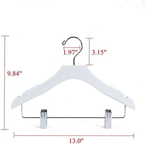 Quality White Wooden Kids Pant Skirt Hanger 10-Pack, Luxury Wave Design Chrome 360 Swivel Hook (10, 13" inch with Clips)