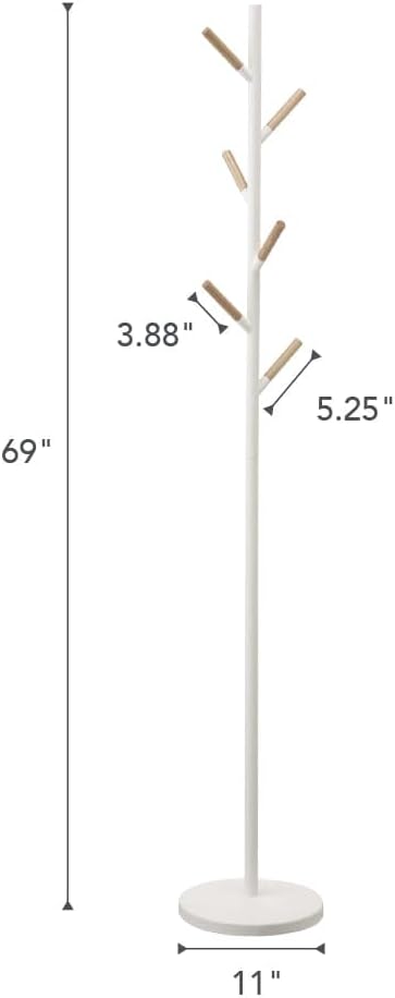 YAMAZAKI Home Freestanding Coat Rack Stand – Modern Coat Tree With Wooden Hooks, Standing Coat Hanger For Entryway, Sturdy Weighted Base, Steel, White, Easy Assembly, 70" - Steel