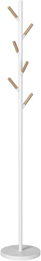 YAMAZAKI Home Freestanding Coat Rack Stand – Modern Coat Tree With Wooden Hooks, Standing Coat Hanger For Entryway, Sturdy Weighted Base, Steel, White, Easy Assembly, 70" - Steel