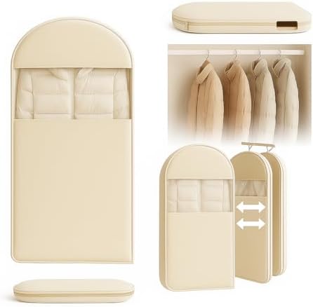 Space Saving Hanging Garment Bag with Self Compression Zipper, Suit Cover Bags, Heavy Duty Jackets & Parkas Storage, Dust Cover, Closet Organizer for Storage (Beige,M)