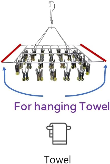 Quick Release Stainless Steel Laundry Drying Rack with Clips, Swivel Hook Wind-Proof Clothes Hanger Rack for Sock, Bras, Underwear, Laundry (Rectangle 30 Clips)