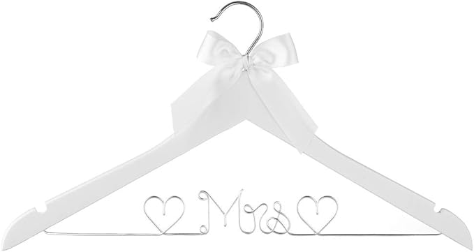 Bridal Dress Hanger Solid Wood Dress Hangers Mrs Letter Hanger Wedding Gift (White Coat Hanger Silver Wire)