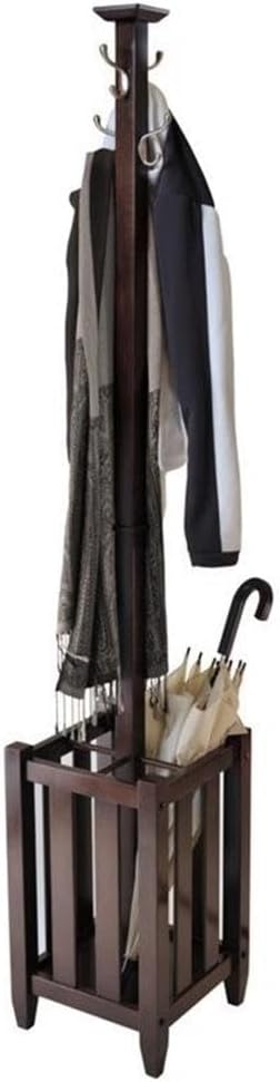 Pemberly Row Transitional Solid Wood Coat Tree and Umbrella Rack, 71.52" H, Cappuccino Finish, 4 Double Metal Hooks, Satin Nickel Hardware, Entryway or Hallway Storage