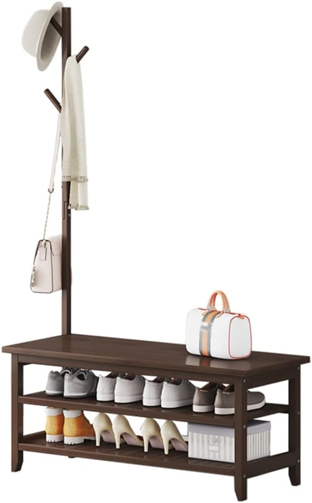 GIZNXBA Coat Rack Shoe Bench, Coat Rack Stand Wood, Hall Tree with Shoe Storage, 3-Tier Shoe Bench with 3 Hooks, Industrial Hall Tree for Hallway, Bedroom, Entryway (Size : 100cm)
