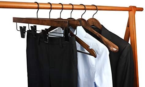 TOPIA HANGER Pants Hangers, Wooden Skirt Hangers with Adjustable Metal Clips, Premium Retro Finish and 360° Swivel Black Hook, Jean Hangers for Closet,10 Pack, CT03A