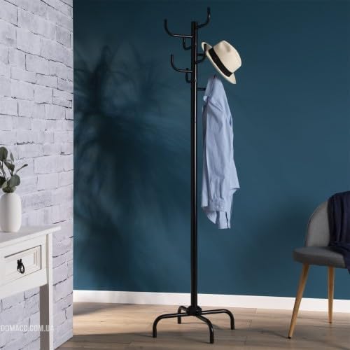 Black Coat Rack - Freestanding Hat and Coat Stand with 8 Hooks, Sturdy Metal Construction, Space-Saving Design (19.7" x 19.7" x 72.5") for Home & Office Organization