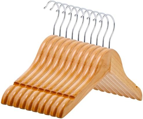 10 Pack Kids Wooden Hangers, Solid Wood Children Hanger with Notches, Baby Clothes Hanger with 360° Swivel Hook, Heavy Duty Toddler Coat Shirt Hanger for Closet, Natural Wood