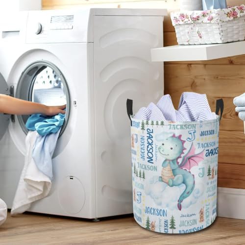 Dragon Laundry Basket,Custom Laundry Hamper with Name,Personalized Dragon Gifts for Boys Girls,Customize Collapsible Laundry Basket for Bedroom Bathroom,S-16.5"x 13.8"