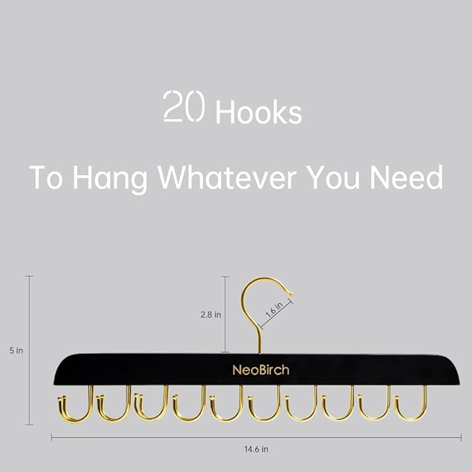 Bra Hanger for Closet Organizers and Storage | Space Saving Wooden Hanger | 20 Steel Hooks for Tank Tops, Camis, Hats, Lingeries, Belts, Ties, Scarfs Holder| 360° Rotating Non-Slip (1, 2 Pack Black)