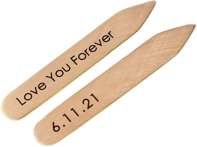 Custom Bronze Collar Stays For Men, Personalized 8th Anniversary Dress Shirt Stiffeners Father's Day Gift for Husband - Engraved Metal 2.25 Inches