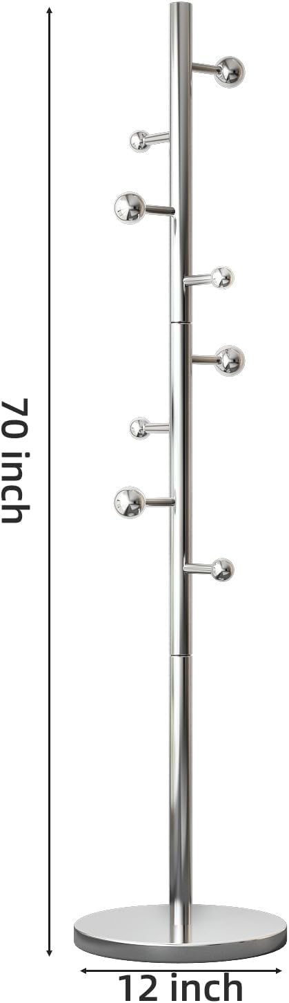 Coat Rack Freestanding Coat Tree with 8 Hooks Heavy Duty Coats Hanger Stand Metal Coats Rack Stand for Jacket Hat Clothes Bag Stainless Steel Hall Tree Hat Racks for Entryway Bedroom, Silver