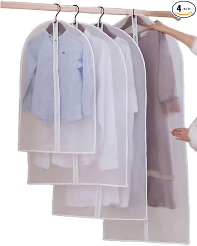 Clear Hanging Garment Bag With Study Zipper Plastic Clothing Dust Cover Closet Suit Protector Storage Bags White 4pcs