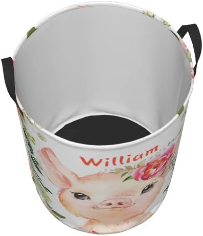 Cute Pig Pink Flowers Personalized Laundry Basket Name Clothes Hamper with Handles Waterproof Laundry Storage Baskets for Bedroom Bathroom Decor.