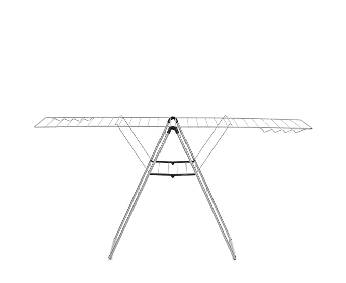 Brabantia HangOn Clothes Drying Rack | 82ft (25m) | Metallic Gray | Large Indoor Clothes Airer Laundry Stand with 2 Fold-Out Wings & Hanger Hooks, Folds Flat | Fits 2 Full Loads