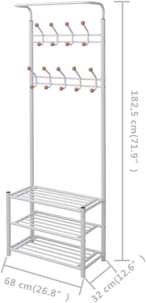 vidaXL Durable Coat Rack with Shoe Storage – White, Steel and Plastic Construction – Efficient Space Utilisation, Ideal for Homes and Offices