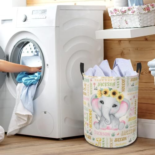 Elephant Laundry Basket,Custom Laundry Hamper with Name,Personalized Elephant Gifts for Boys Girls,Customize Collapsible Laundry Basket for Bedroom Bathroom,M-19.5"X 15.7"