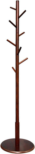 Wooden Coat Rack Rack Stand, Hall Tree Coat Tree Entryway Coat Hanger with 8 Hooks, Sturdy Round Base, for Coat, Hat, Clothes, Scarves, Handbags, Umbrella (Dark Brown)