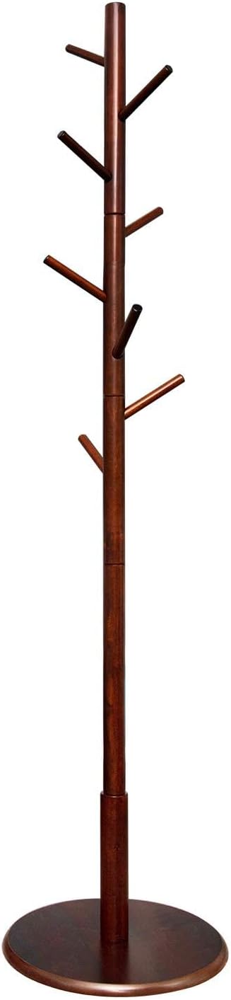 Wooden Coat Rack Rack Stand, Hall Tree Coat Tree Entryway Coat Hanger with 8 Hooks, Sturdy Round Base, for Coat, Hat, Clothes, Scarves, Handbags, Umbrella (Dark Brown)
