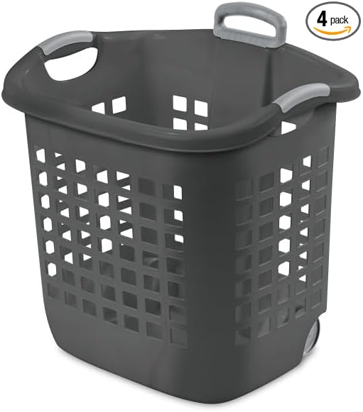 Sterilite 4 Pack Ultra Wheeled Laundry Basket, Plastic Clothes Hamper Bin with Wheels and Retractable Handle, 1.7 Bushel Capacity, Flat Grey