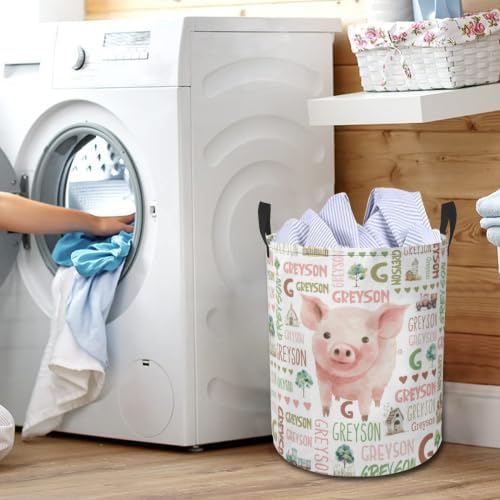 Pig Laundry Basket,Custom Laundry Hamper with Name,Personalized Pig Gifts for Boys Girls,Customize Collapsible Laundry Basket for Bedroom Bathroom,M-19.5"X 15.7"