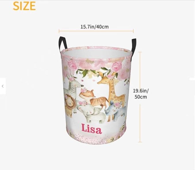 Giraffe Lion Pink Flower Personalized Laundry Basket Name Clothes Hamper with Handles Waterproof Laundry Storage Baskets for Bedroom Bathroom Decor.