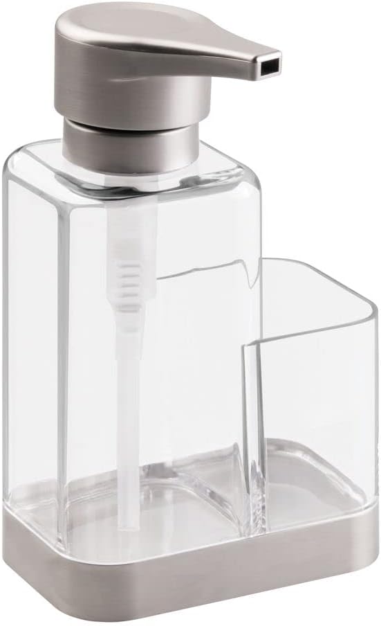 mDesign Modern Plastic Kitchen Sink Countertop Liquid Hand Soap Dispenser Pump Bottle Caddy with Storage Compartment - Holds and Stores Sponges, Scrubbers and Brushes - Clear/Brushed