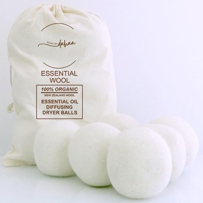 Dahaa Wool Dryer Balls-Natural Fabric Softener, Reusable, Reduces Clothing Wrinkles and Saves Drying Time, 6 Pack XL Premium Organic Fabric Softener Hypoallergenic Hand-Felted Laundry Balls for Dryer