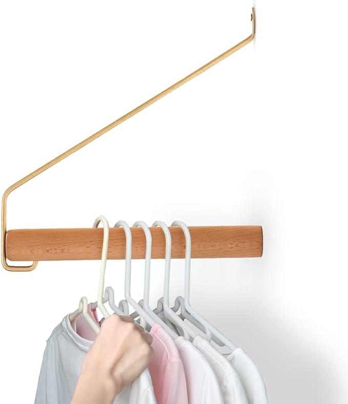 Modern Brass & Wood Wall Mounted Drying Rack,Simple Space Saver Clothes Hanger for Living Balcony Bathroom Laundry Room (Beech)