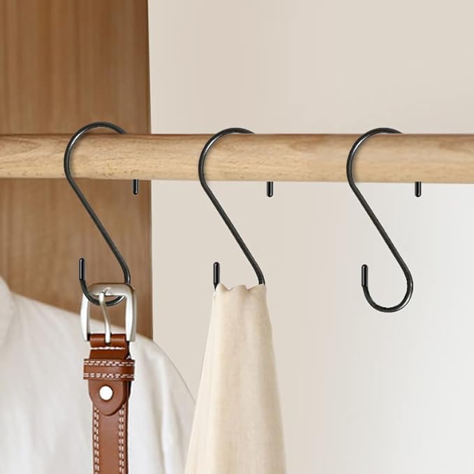 30 Pack S Hooks, 3.54 In Matte Black Heavy Duty Metal S Hooks Can with Stand, Up to 33 lbs, For Kitchen, Office, Garden or Outdoor, Hanging Plants, Clothes, Pots, Pans, Cups, Bags, Jewelry, Towels