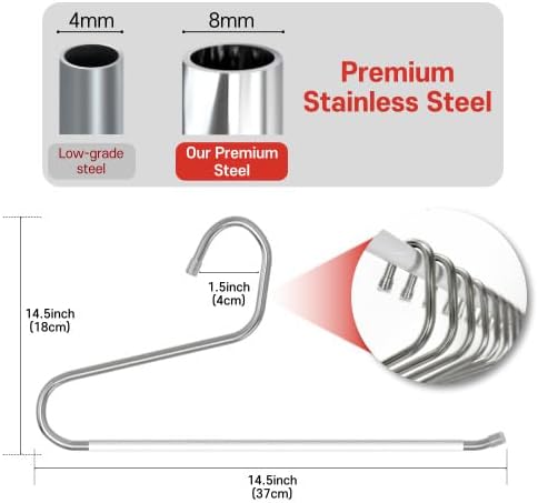 OLG 8mm Stainless Pants Hanger with V Hook and Reverse S, Non-Slip for Men Women -Heavy-Duty Trouser and Jeans Closet Organizer, Ganchos para Pantalones (10, Gray)