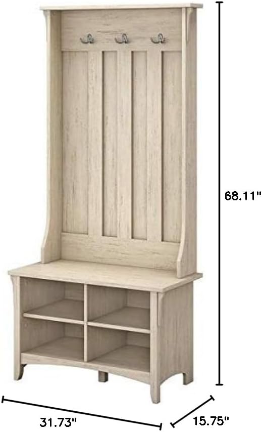 Bush Home Salinas Hall Tree with Shoe Storage Bench in Antique White, Multi-Purpose Home Organizer, Entryway Solution with Seating and Hooks