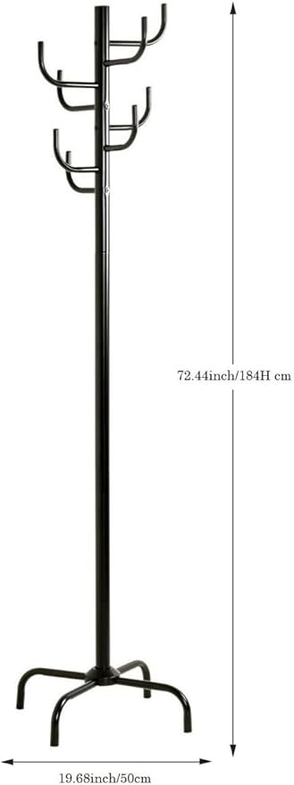 Black Coat Rack - Freestanding Hat and Coat Stand with 8 Hooks, Sturdy Metal Construction, Space-Saving Design (19.7" x 19.7" x 72.5") for Home & Office Organization