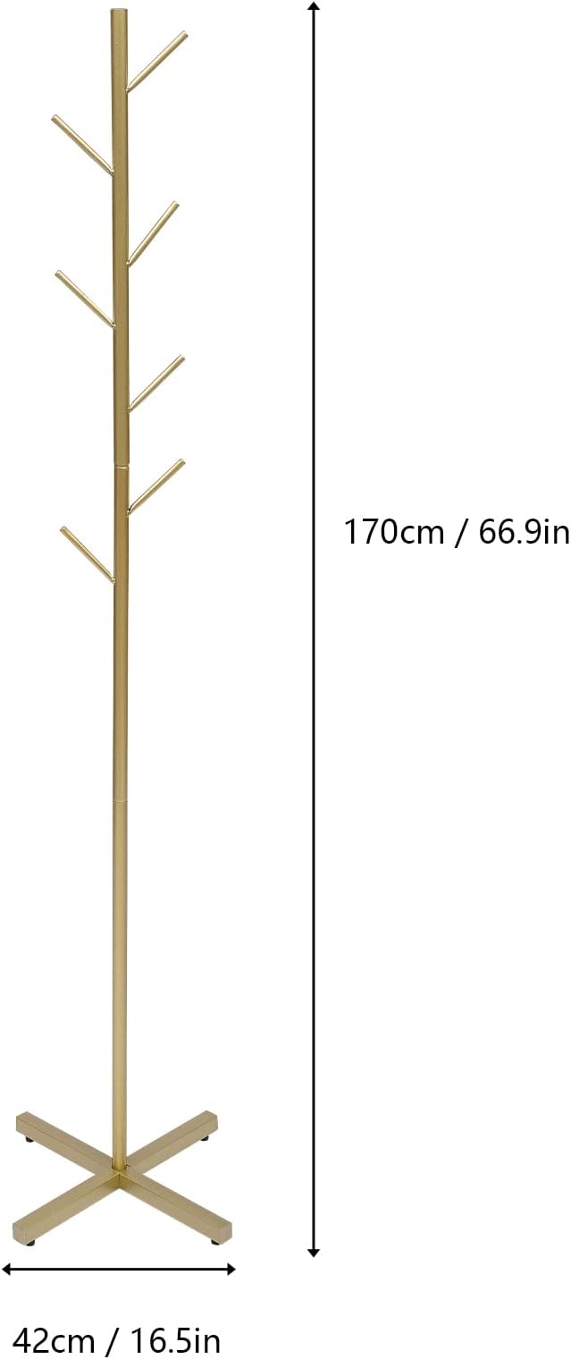 Metal Coat Rack Stand 7 Hooks Free Standing Coat Rack Tree-Shaped Coat Rack Hat Hanger Entryway Organizer for Clothes, Hats, Bags (Gold)