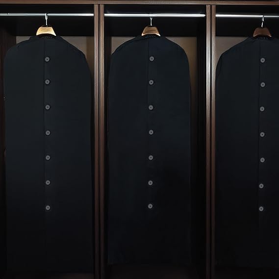 Cotton Garment Protector Bag Cover - Dust Free Cloth Hanging, Wardrobe storage for Dresses and Suits (Black with button - 24"x62")