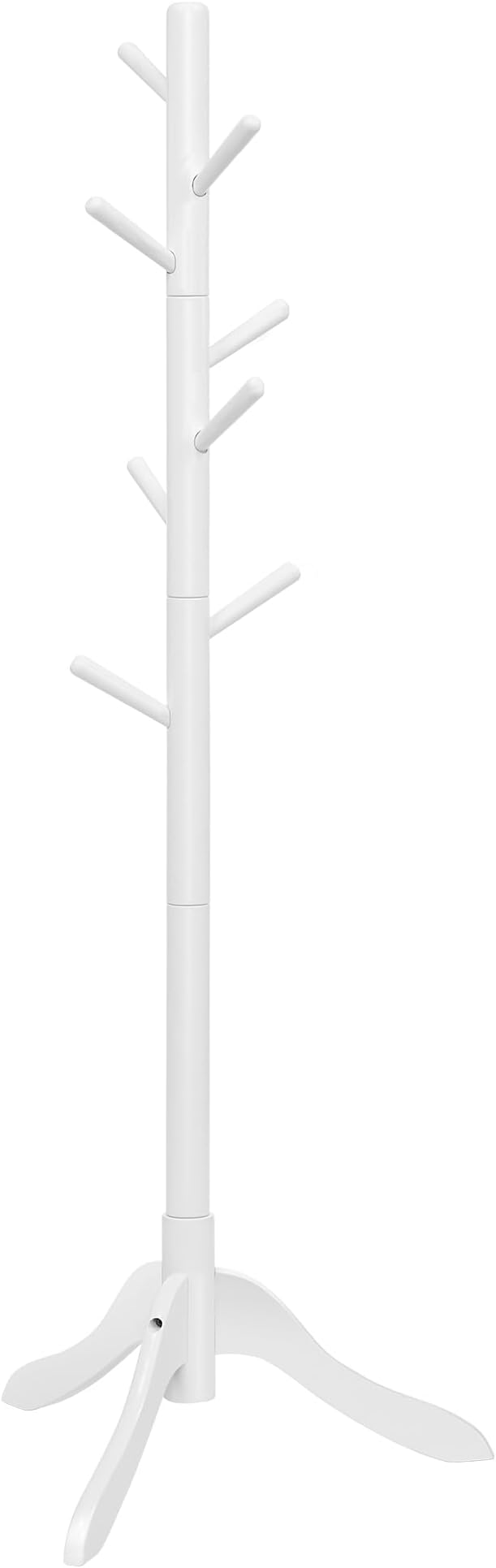 VASAGLE Solid Wood Coat Rack, Free Standing Tree-Shaped Coat Rack with 8 Hooks, 3 Height Options, for Clothes, Hats, Bags, Living Room, Bedroom, Home Office, Cloud White URCR01WT