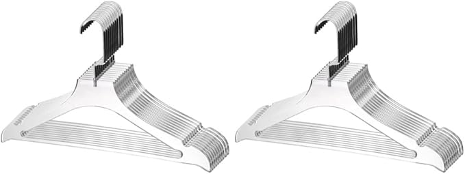 YBM Home Quality Acrylic Clear Coat Hangers Made of Clear Acrylic for a Luxurious Look and Feel for Wardrobe Closet, Clothes Hangers Organizes Closet, with Bar, Silver w/Flat Hook, 4120-20