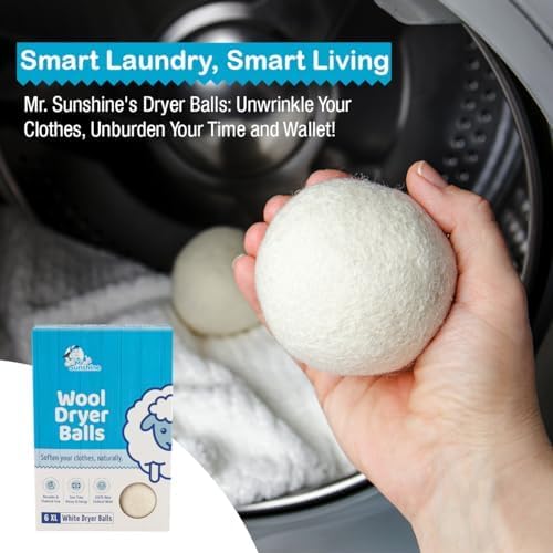 Mr. Sunshine White Wool Dryer Balls, Extra Large (Pack of 6) - Chemical-Free, Natural Clothes Softening Solution
