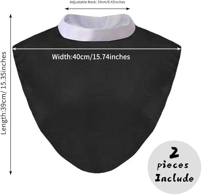 Black Color Unisex Clergy Tab Collar Clerical Bib Collar with Insert White Tab, 2pcs in Pack