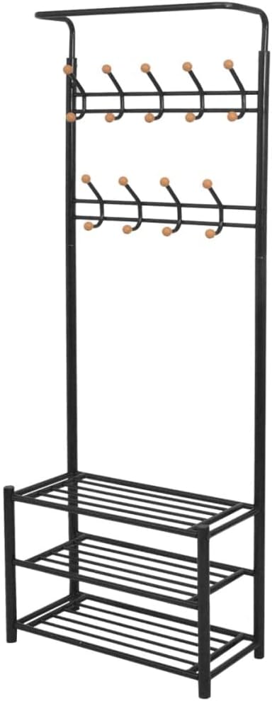 vidaXL Freestanding Clothes Rack with Shoe Storage, Black Steel Stand with Plastic Detailing, Practical Coat Hanger with Shelving for Footwear and Accessories