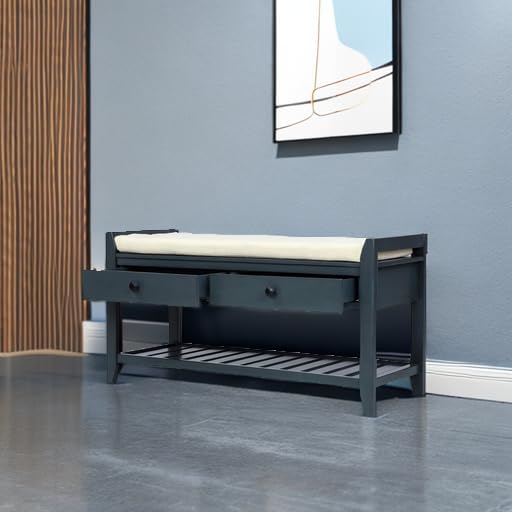 Harper & Bright Designs TREXM Shoe Rack with Cushioned Seat and Drawers, Multipurpose Entryway Storage Bench (Antique Navy)