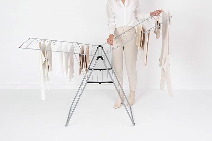 Brabantia HangOn Clothes Drying Rack | 82ft (25m) | Metallic Gray | Large Indoor Clothes Airer Laundry Stand with 2 Fold-Out Wings & Hanger Hooks, Folds Flat | Fits 2 Full Loads