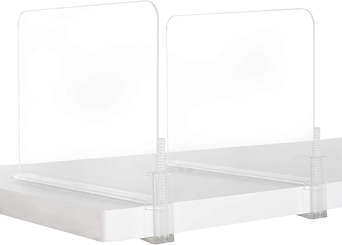 Richards Homewares Acrylic Shelf dividers 2 Pack- Closet Organizer and Storage for Purses, Sweaters, Clothes or Books - Clear Separators for Bedroom Kitchen Cabinets or Office Shelves