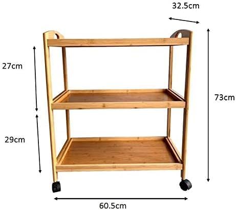 Bamboo Kitchen Storage Rolling Shelf with Wheels, 3 Tier Island Bar Cart, Microwave Oven Serving Organizer for Home, Dining Room, Laundry Room with Lockable Castors