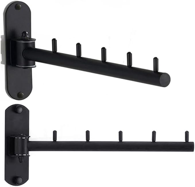 Stainless Steel Swing Arm Hanger, Folding Wall Mounted Clothes Hanger for Laundry Room, Space Saving Clothes Hooks Holder for Drying Rack, 2 Pack (Black)