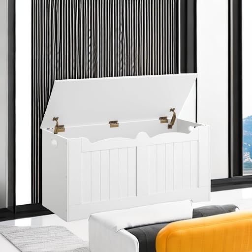 39.4" Storage Chest, Storage Bench Trunk with 2 Hinges, Wooden Box, Lift-Top Chest Organizer, Shoe Bench for Entryway, Bedroom, Living Room, White 01003XSB