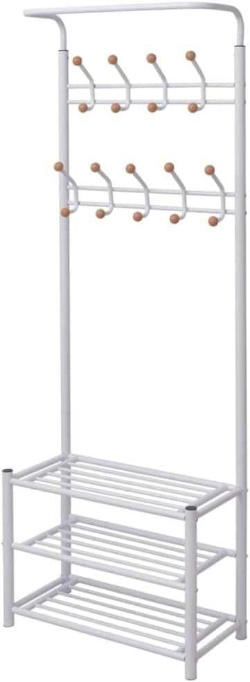 vidaXL Durable Coat Rack with Shoe Storage – White, Steel and Plastic Construction – Efficient Space Utilisation, Ideal for Homes and Offices