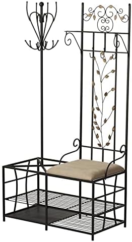 KB Designs - Metal Hall Tree Coat Rack with Shoe Storage Bench, Black